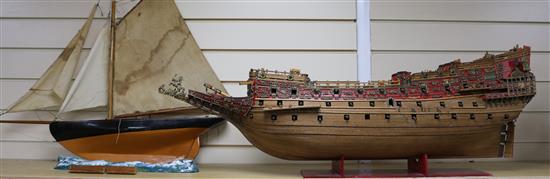 A model of the hull of a galleon and a pond yacht, 97cm and 74cm